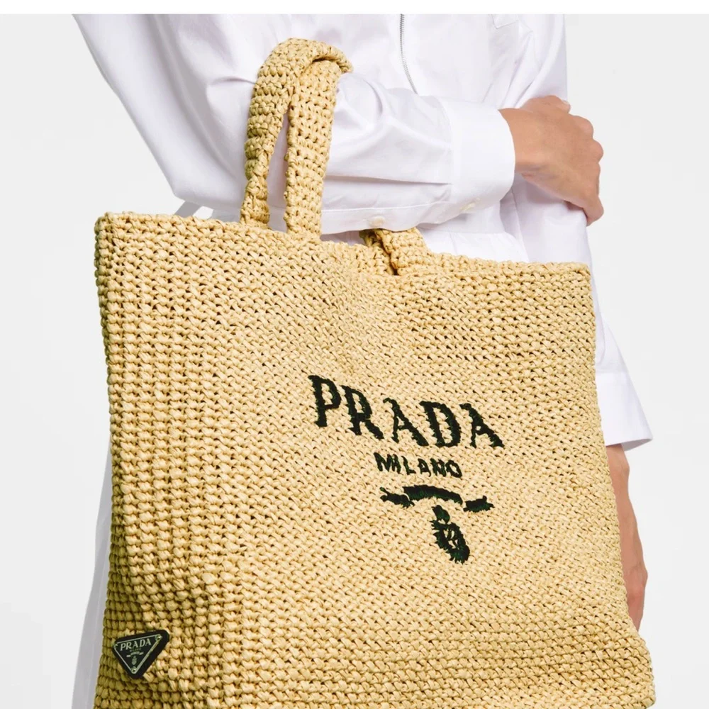 Prada Milano Raffia Tote Bag Large Logo Beige Black – Full Set NEW